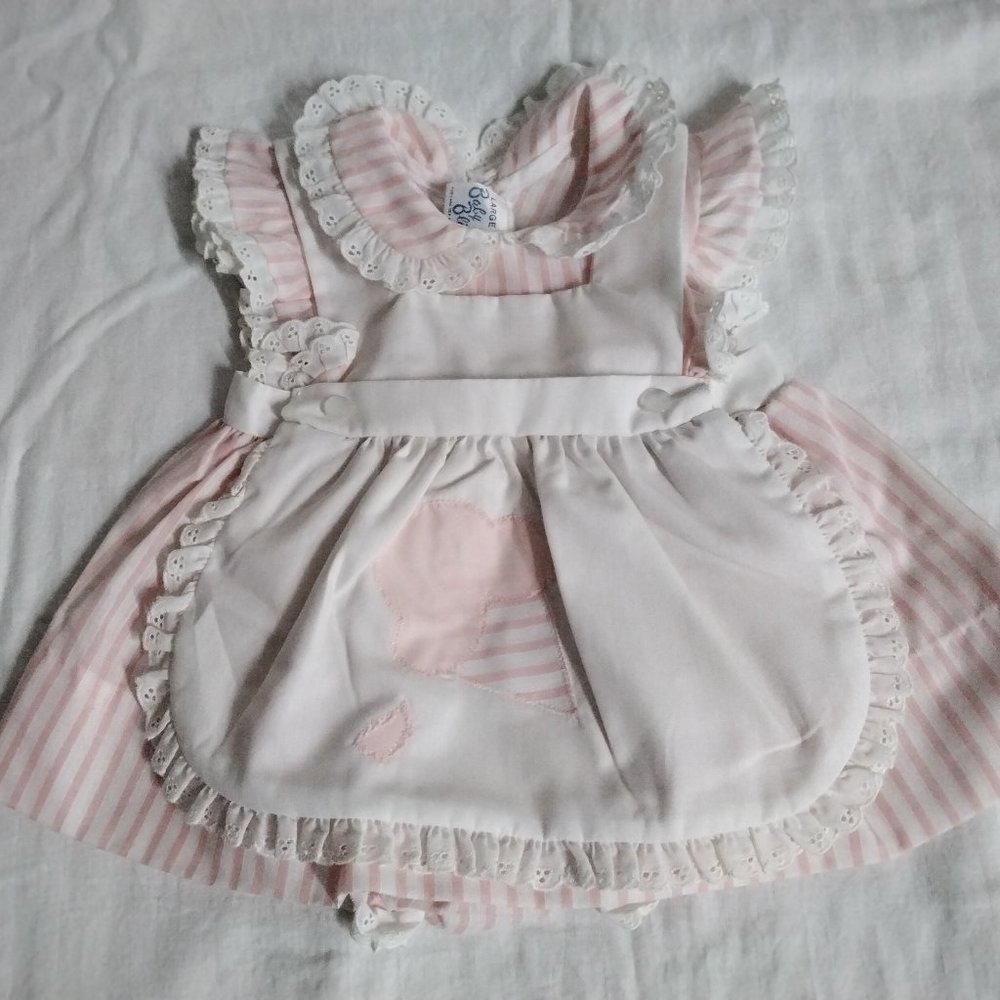 VTG CUTE Baby Bliss Large Pink White Dress With Lined Bloomers Ice Cream Cone 03